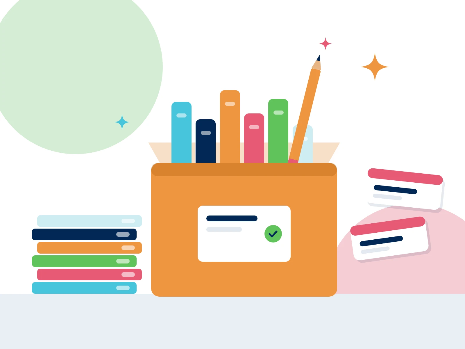 A School Box packed with books, beside a stack of exercise books and name labels